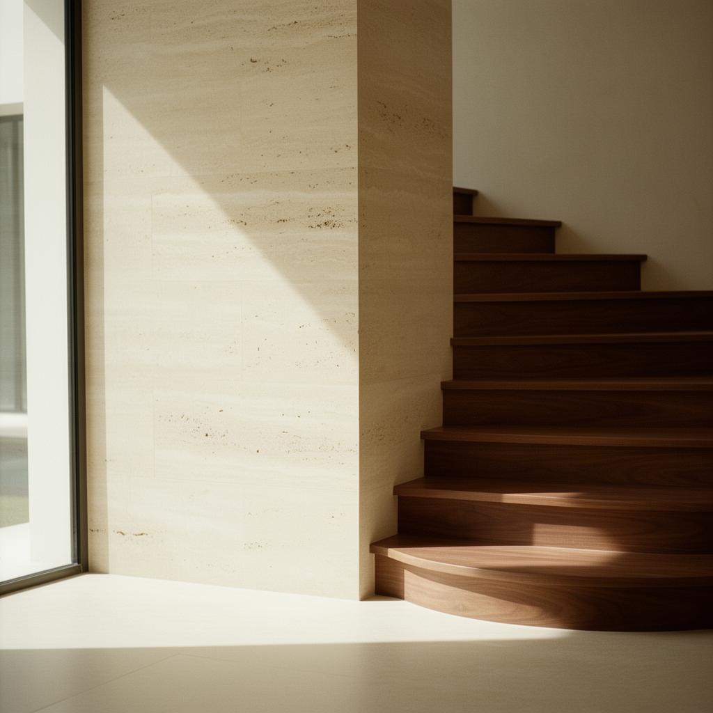 Walnut joinery meeting honed travertine