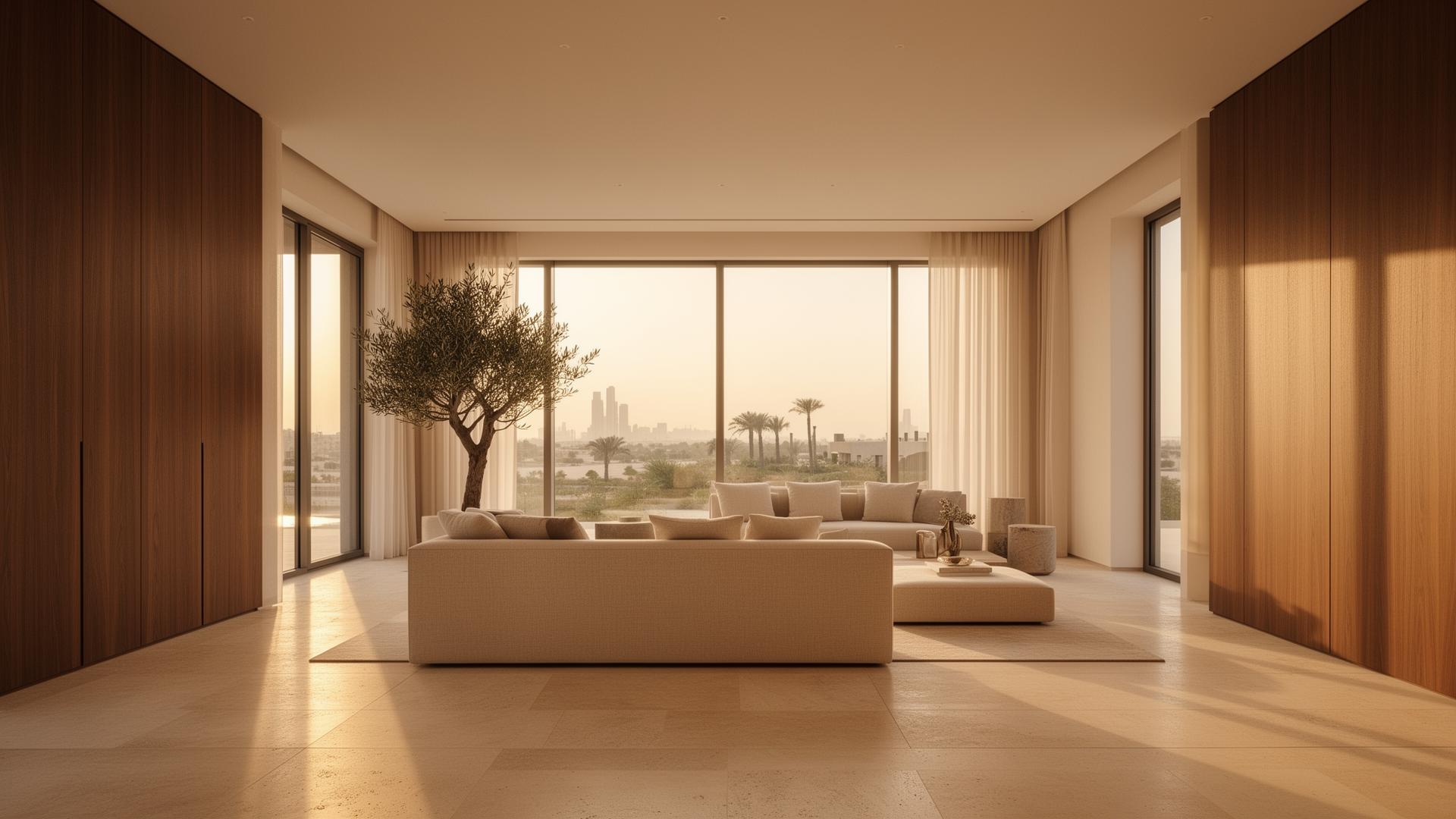 Sunlit minimalist Dubai Hills villa interior with travertine floors and walnut accents