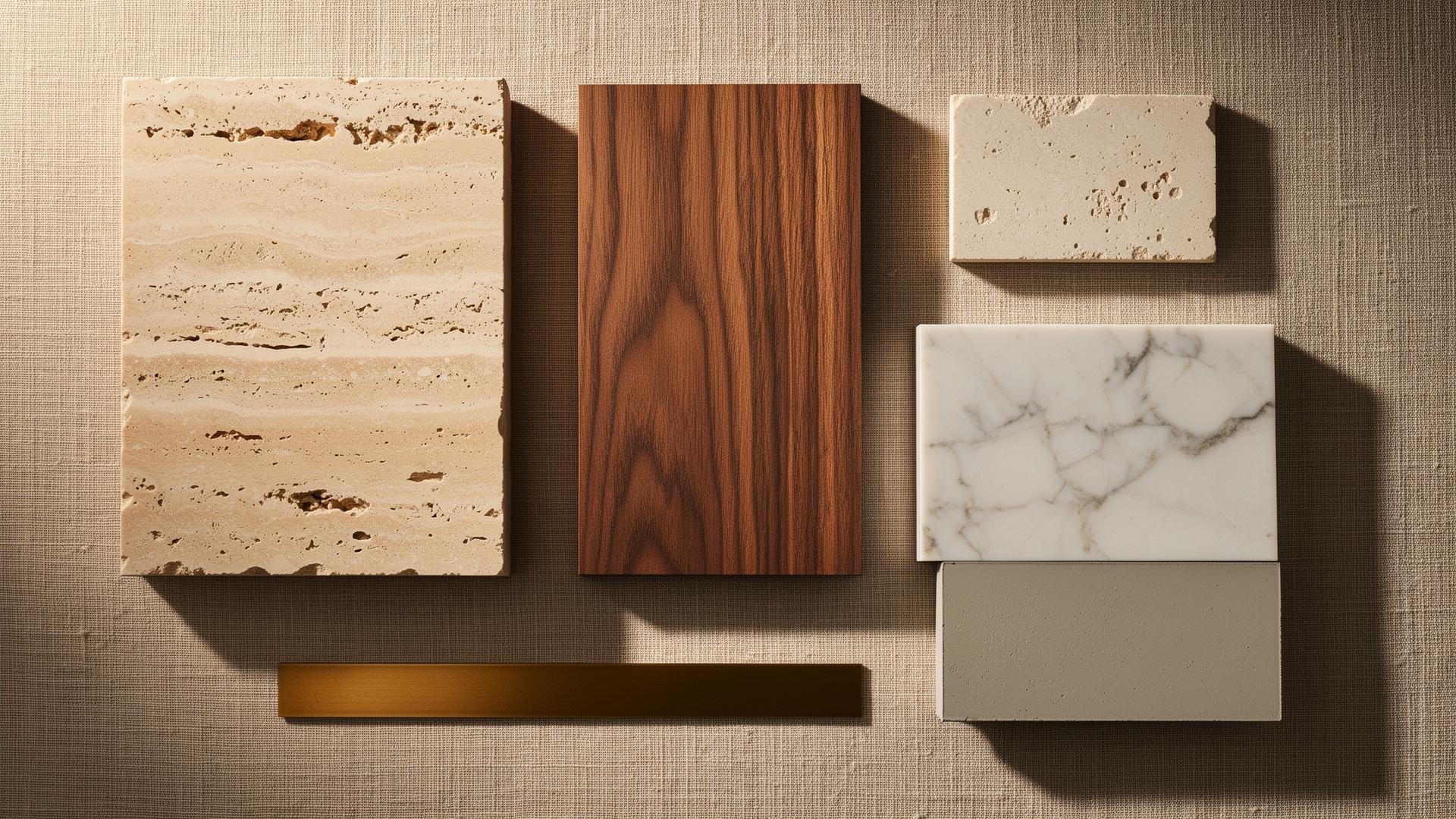 Material palette: travertine, walnut, limestone, marble, microcement, bronze